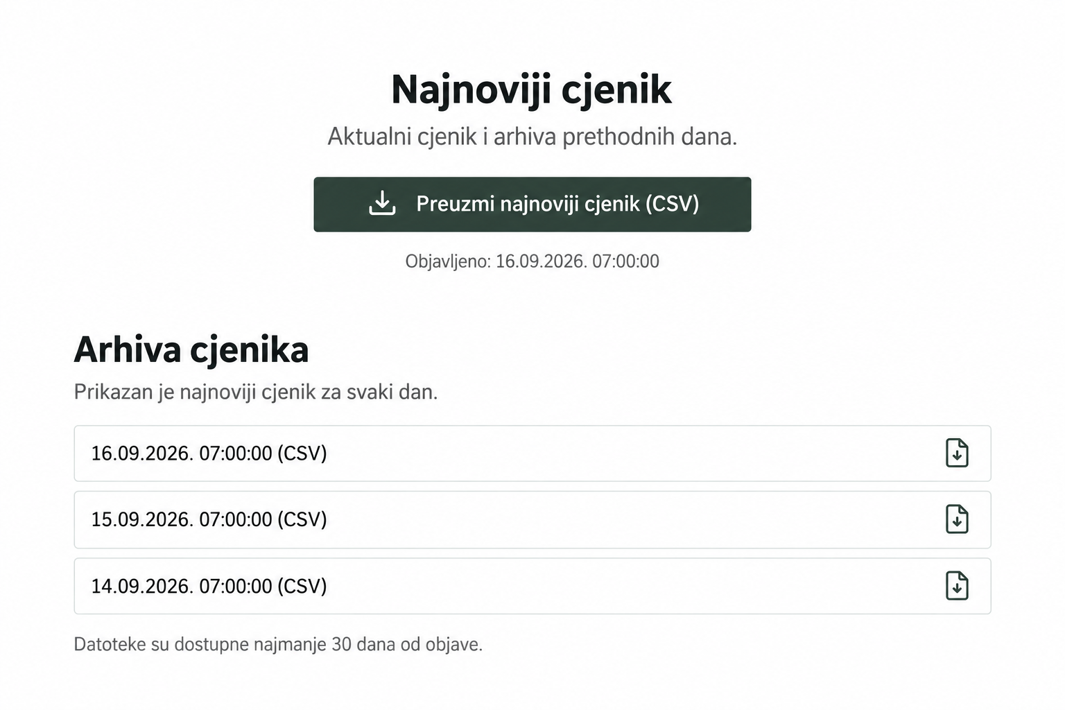 Prikaz javnog Cjenika s gumbom za preuzimanje aktualnog CSV-a i arhivom prethodnih dana.