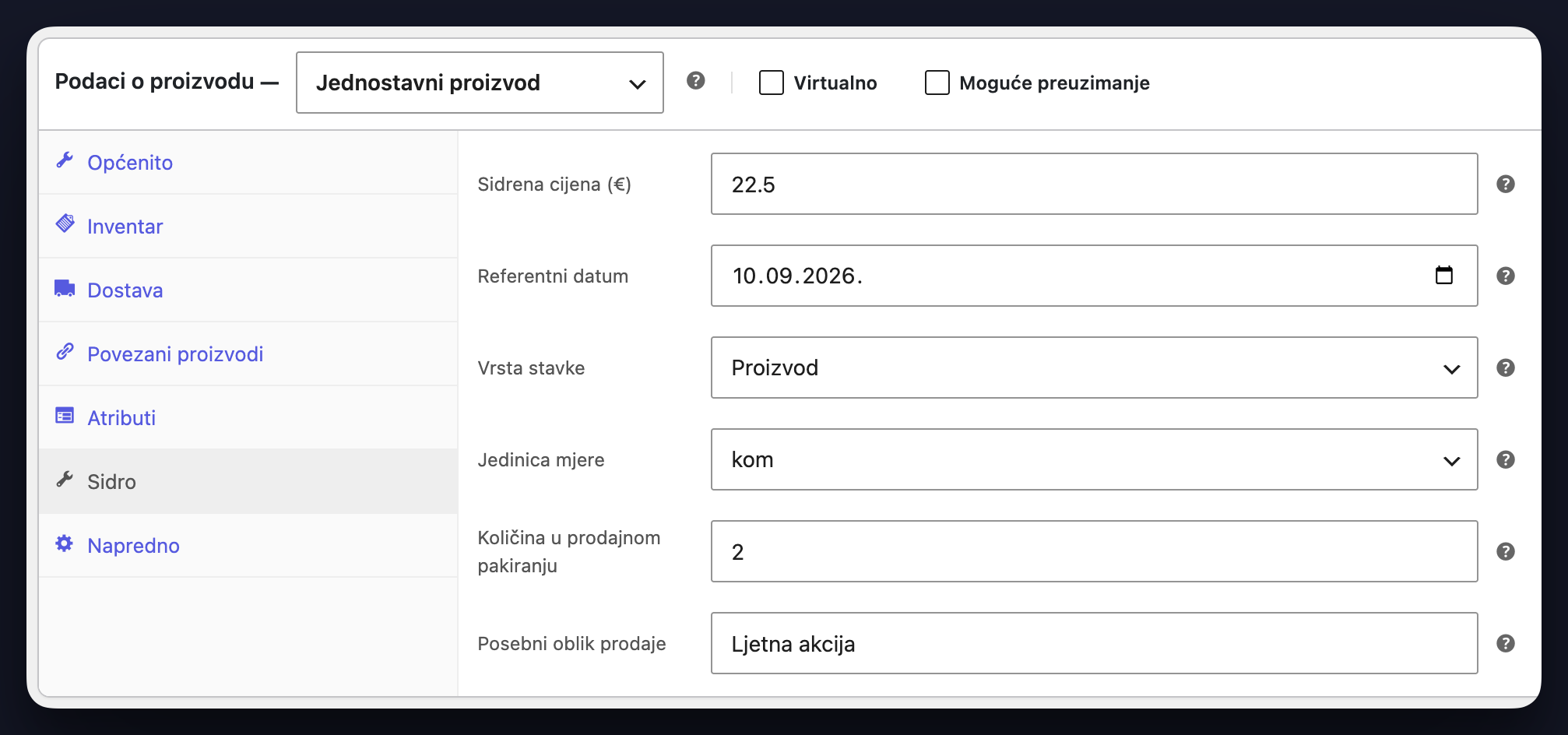 Kartica Sidro u uređivaču proizvoda s poljima za sidrenu cijenu, referentni datum i podatke za cjenik.